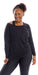 Front view of girl smiling and wearing black Midnight Off The Shoulder Long Sleeve Tee