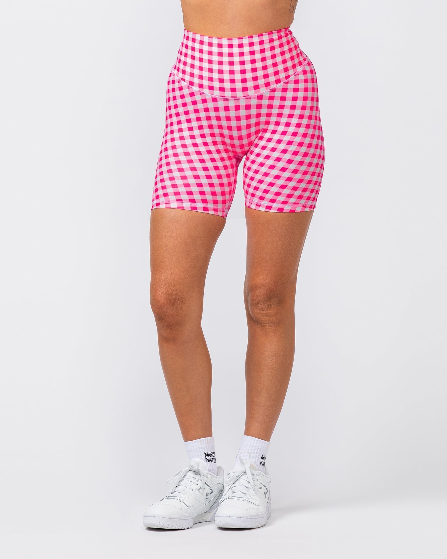 Muscle Nation Bike Shorts Ultra Aura Bike Shorts - Neon Pink Gingham Print