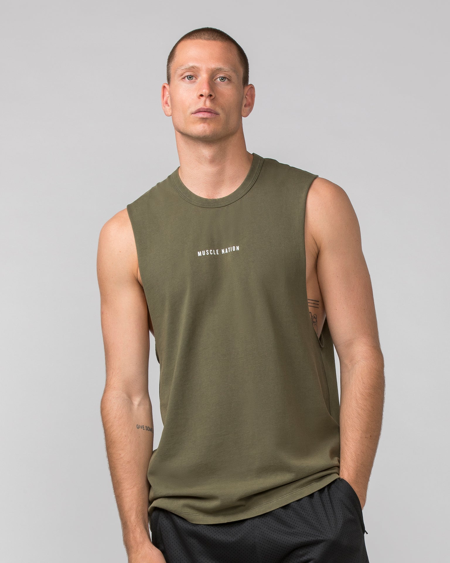 Muscle Nation Tank Tops Ease Drop Arm Heavy Vintage Tank - Washed Dark Khaki