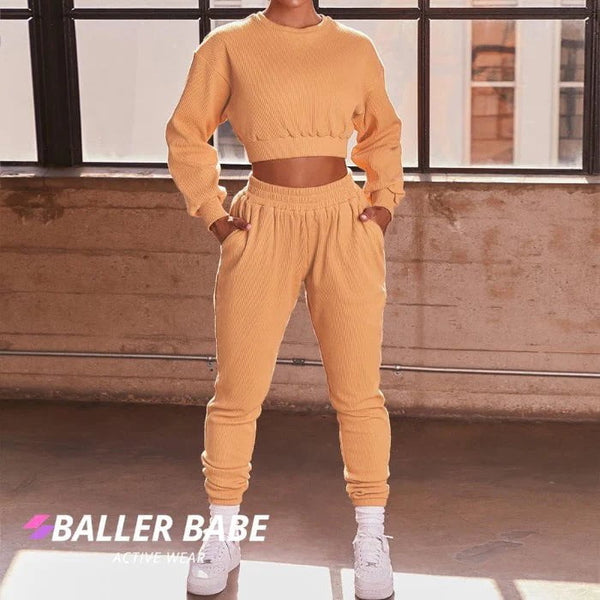 Womens Ribbed Baller Babe Tracksuit Pants With Top Orange Be