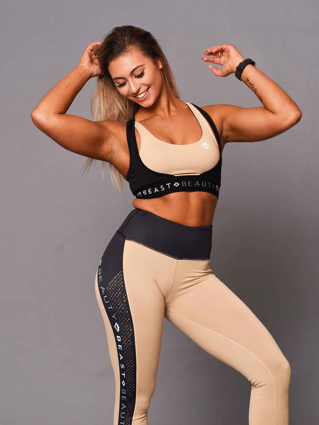 Beast & Beauty - Activewear + Gym Gear Sports Bra 2 Tone  Beige and Black