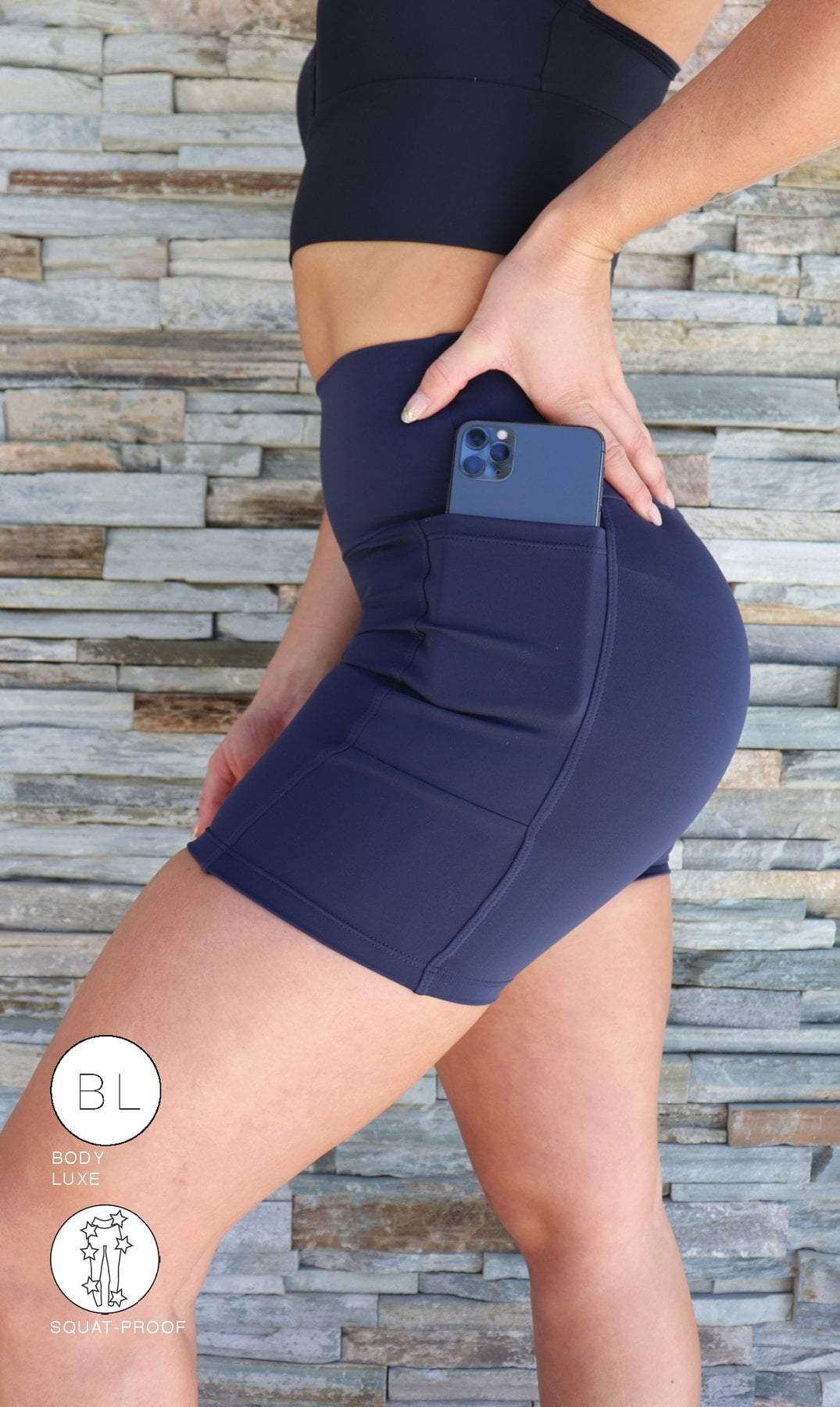 Navy Body Luxe Midi Shorts with Pockets - Be Activewear