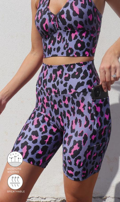 Carra Lee Active Shorts Pink Leopard Midi Shorts with Pockets