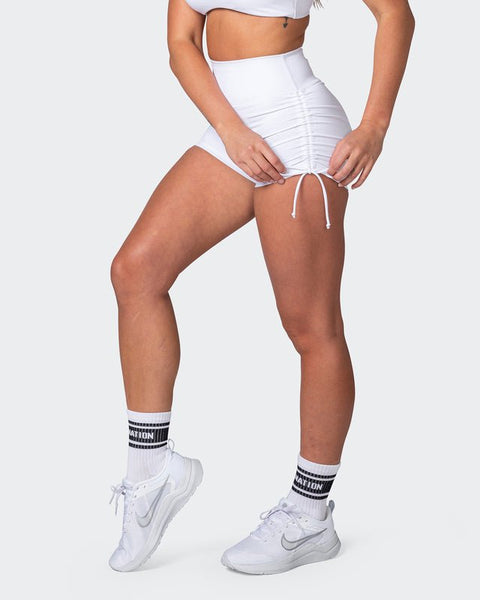 Second Skin Ruched Bum Tie Up Shorts - White - ShopperBoard