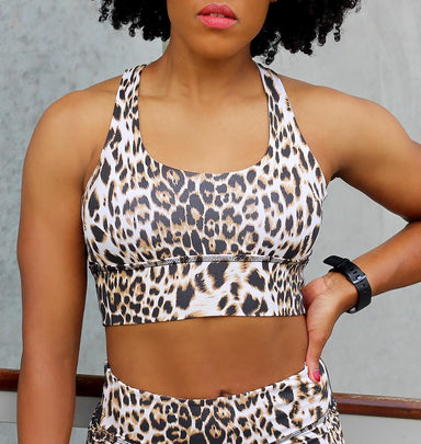 Paradox Activewear Crop Tops Snow Leopard Print Cross Back Sports Bra