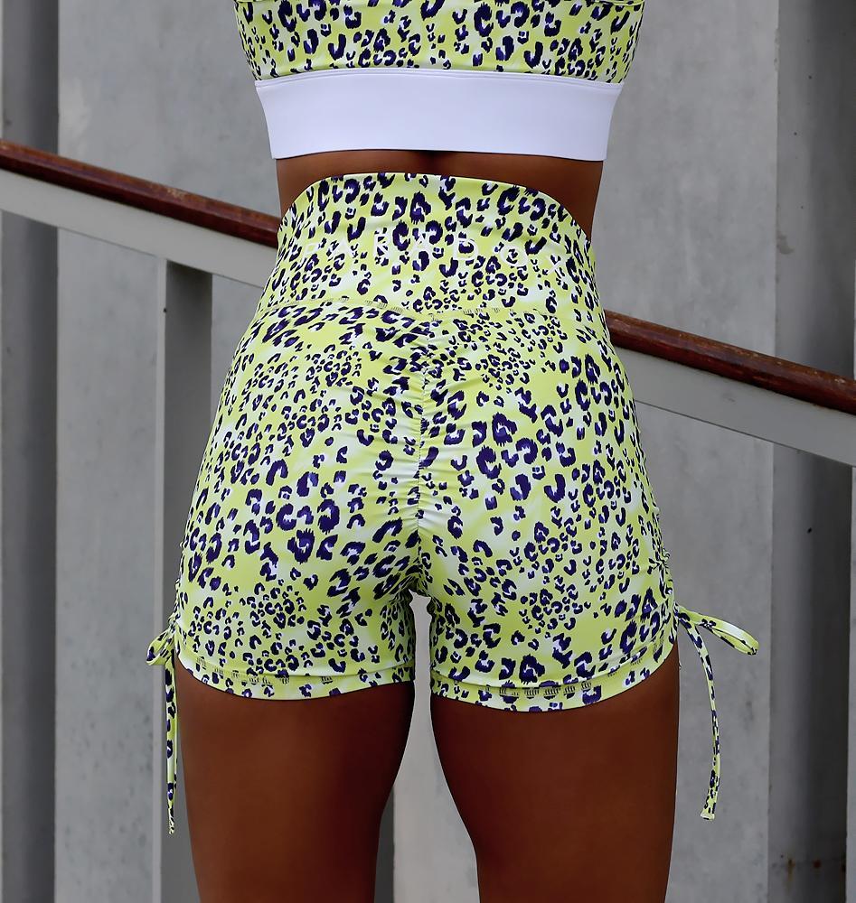 Paradox Activewear Shorts Lime Leopard Print Drawstring Booty Shorts